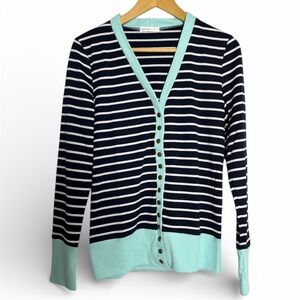 Coco & Main Sweater Women Striped Snap Down Cardigan Coastal Nautical Navy Teal